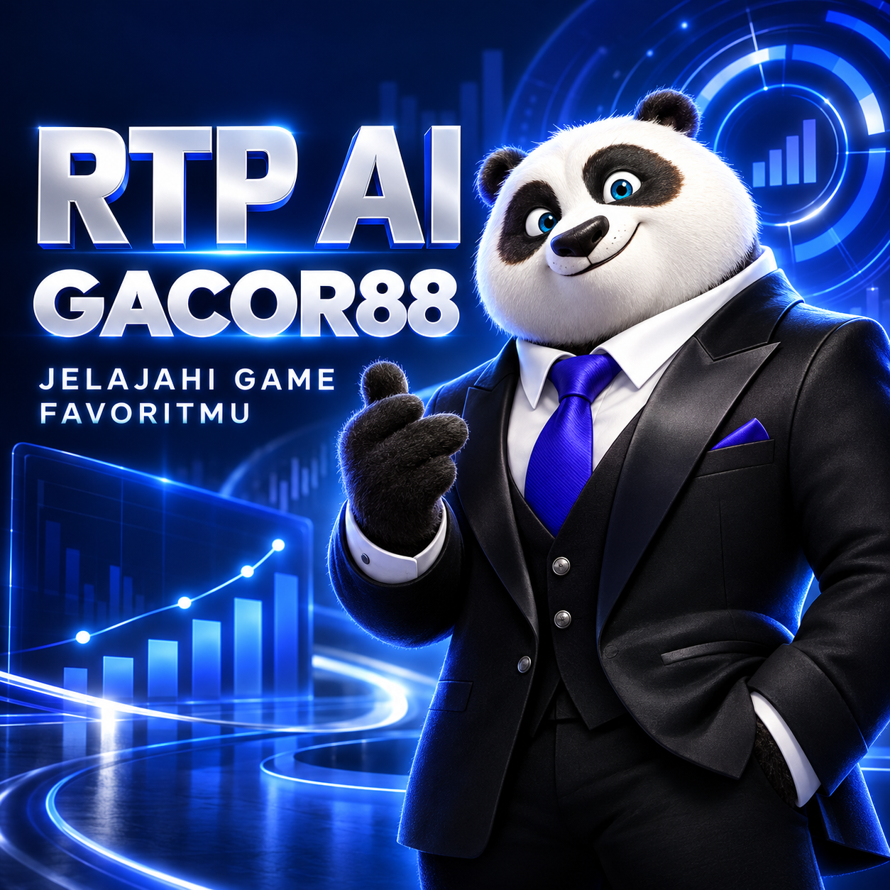 RTP AI GACOR88 — panda dengan jas di ruang analitik biru